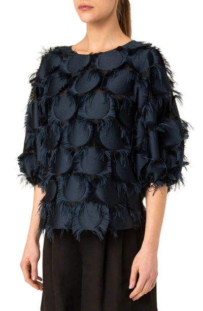 Shop Akris Punto Fringe Dot Three-quarter Sleeve Blouse In Denim-black