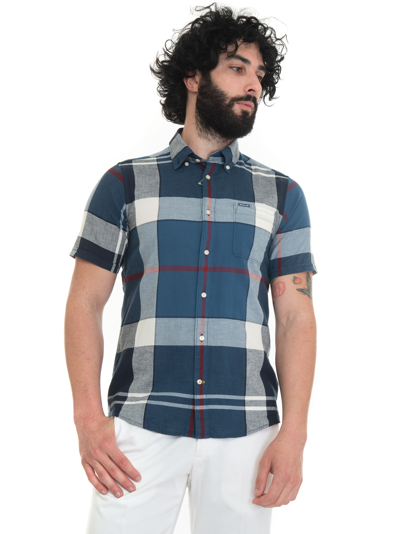 Shop Barbour Short-sleeved Shirt Blue Cotton Man