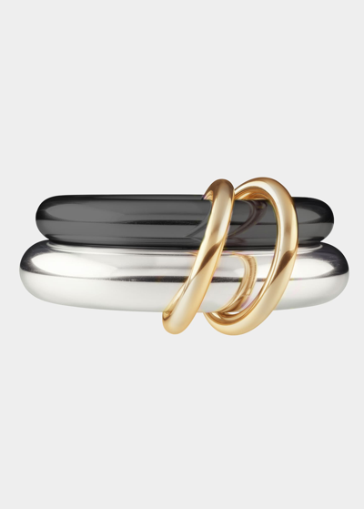 Shop Spinelli Kilcollin Men's Virgo Xo 2 Linked Rings In Silver And Black Rhodium Plate With 2 Gold Connectors