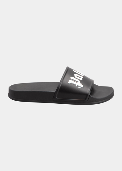 Shop Palm Angels Men's Logo Pool Slide Sandals In Black White
