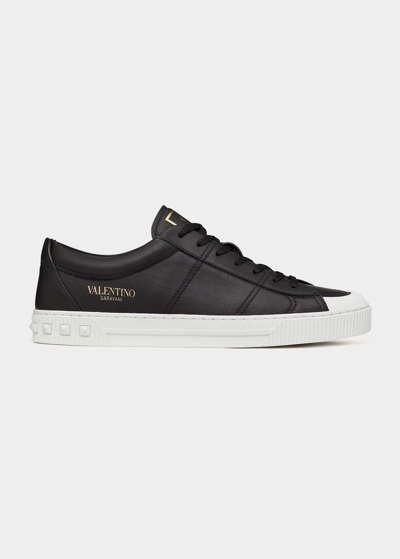 Shop Valentino Men's Studded Heel Low-top Leather Sneakers In Black