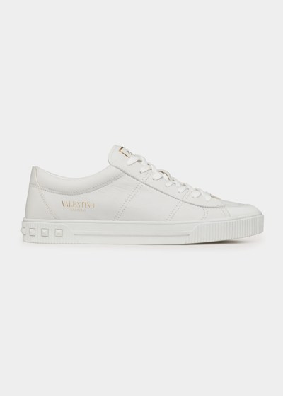 Shop Valentino Men's Studded Heel Low-top Leather Sneakers In White