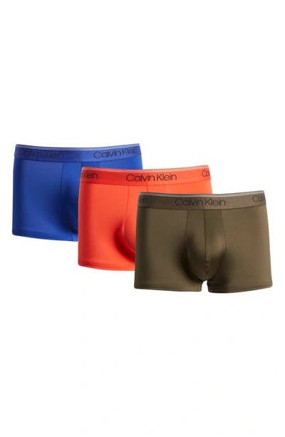 Shop Calvin Klein 3-pack Low Rise Microfiber Stretch Trunks In Work Blue/ Flame/ Olive