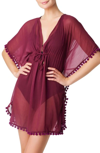 Shop Bleu By Rod Beattie Gypset Pompom Sheer Cover-up Caftan In Pomegranate