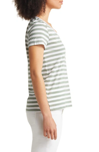 Shop Caslon Short Sleeve V-neck T-shirt In Green Dune- White Charm Stripe