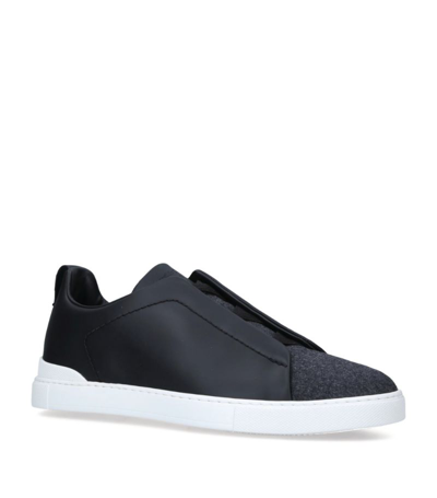 Shop Zegna Leather Triple Stitch Sneakers In Black