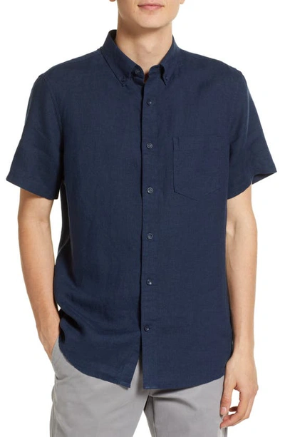 Shop Nordstrom Trim Fit Short Sleeve Linen Button-down Shirt In Navy Blazer