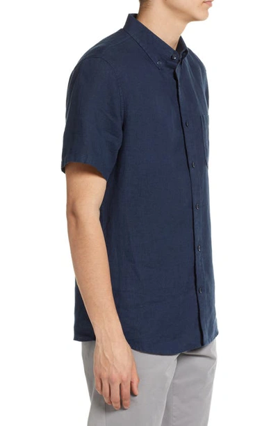 Shop Nordstrom Trim Fit Short Sleeve Linen Button-down Shirt In Navy Blazer