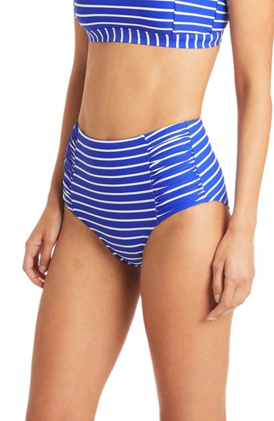 Shop Sea Level Stripe High Waist Gathered Side Bikini Bottoms In Cobalt