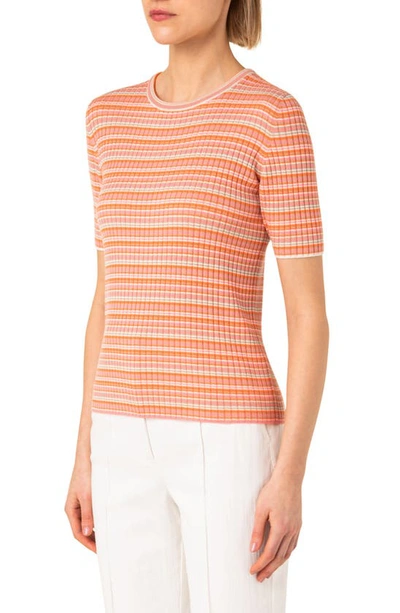 Shop Akris Punto Stripe Short Sleeve Rib Virgin Merino Wool Sweater In Pink-orange-cord