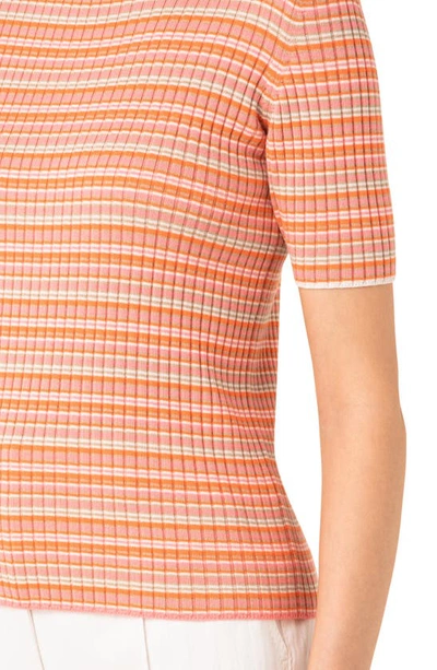 Shop Akris Punto Stripe Short Sleeve Rib Virgin Merino Wool Sweater In Pink-orange-cord