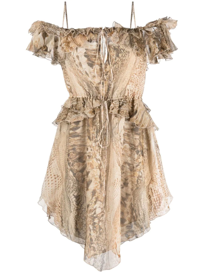 Shop Blumarine Cold-shoulder Snakeskin Print Dress In Brown