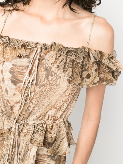 Shop Blumarine Cold-shoulder Snakeskin Print Dress In Brown