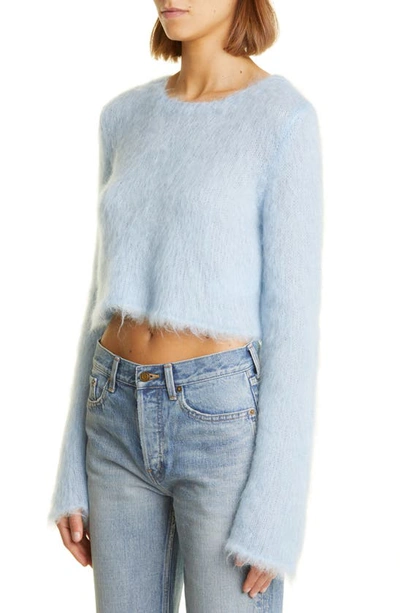 Shop Saint Laurent Crop Mohair Blend Sweater In Bleu Ciel