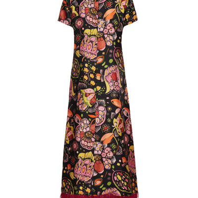 La Doublej Floral-print Maxi Swing Dress With Feathers In Eden
