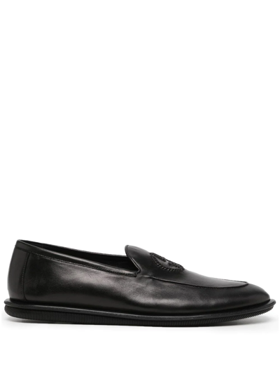 Shop Giorgio Armani Embroidered-logo Leather Slippers In 黑色