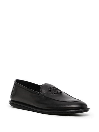 Shop Giorgio Armani Embroidered-logo Leather Slippers In 黑色