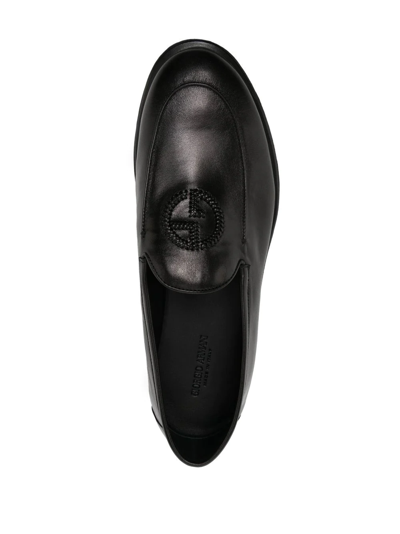 Shop Giorgio Armani Embroidered-logo Leather Slippers In 黑色