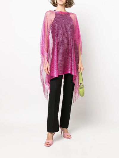 Shop Liu •jo Fringed Asymmetric Mesh Top In Pink