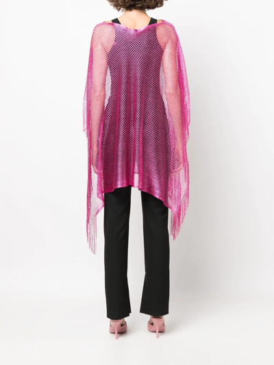 Shop Liu •jo Fringed Asymmetric Mesh Top In Pink