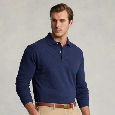 Shop Polo Ralph Lauren Mesh Long-sleeve Polo Shirt In Spring Navy Heather