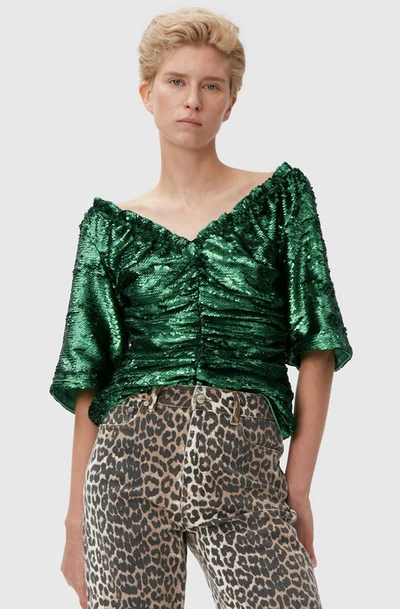 Shop Ganni Short Sleeve Sequinned Blouse In Kelly Green