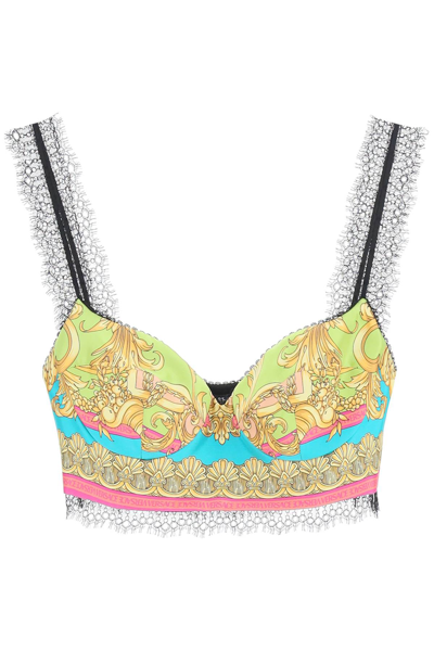 Shop Versace Barocco Goddess Bralette Top In Yellow,green,light Blue,fuchsia