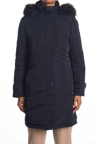 Shop Dkny Zip Front Coat With Faux Fur Hood In Ttt:titan