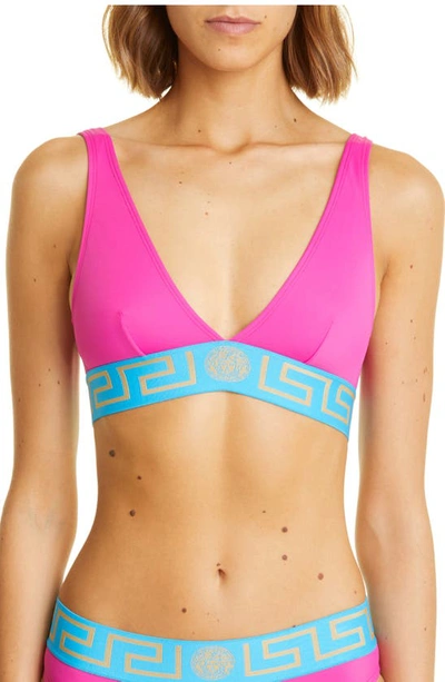 Shop Versace Greca Border Triangle Bikini Top In Cerise Teal