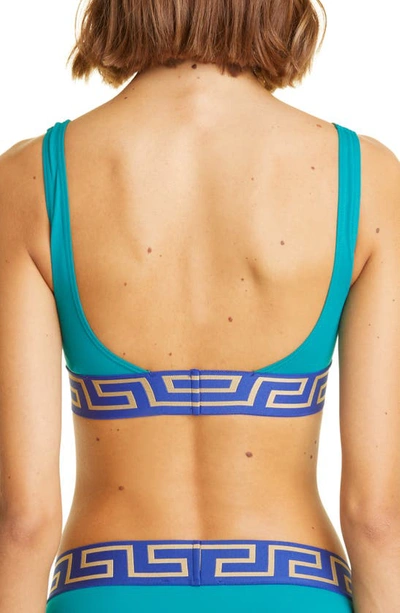 Shop Versace Greca Border Triangle Bikini Top In Emeral Bluette
