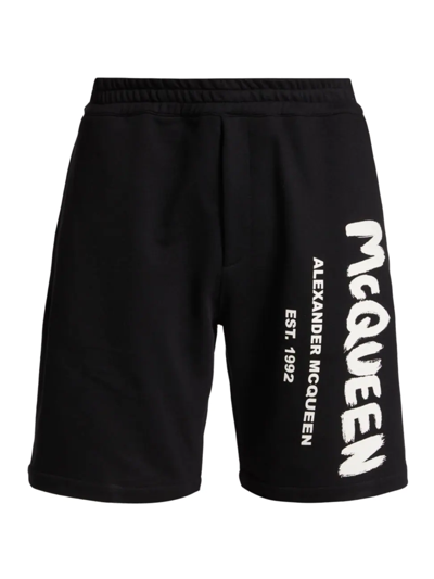 Shop Alexander Mcqueen Men's Graffiti Logo Cotton Shorts In Black Ivory