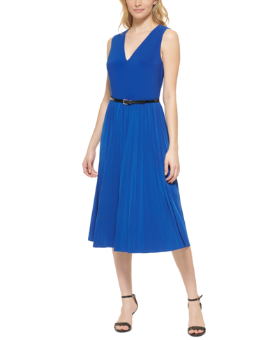 Shop Tommy Hilfiger Women's Belted Pleated Midi Dress In Marina Blue