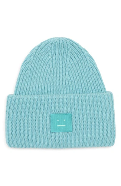 Shop Acne Studios Pansy Face Patch Rib Wool Beanie In Turquoise Blue