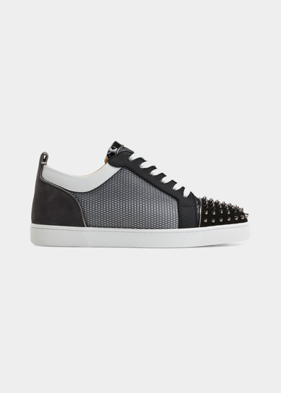 Shop Christian Louboutin Men's Louis Junior Spikes Orlato Flat Low-top Sneakers In Version Black Whi