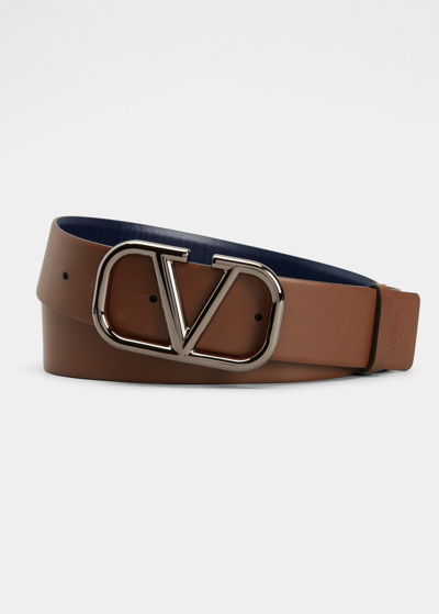 Shop Valentino Men's Reversible Leather V-logo Buckle Belt In Navy/brown