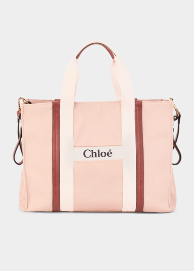 Shop Chloé Gold Trim Logo-print Diaper Bag In 45f Pale Pink