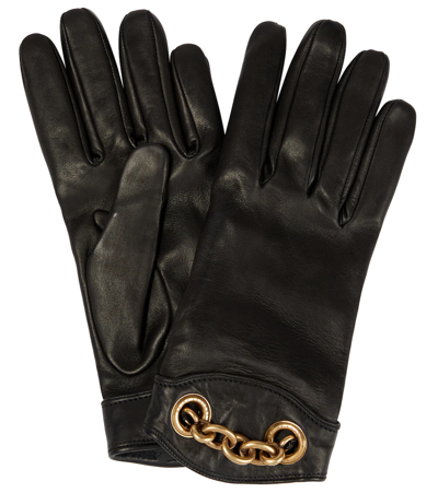 Shop Saint Laurent Embellished Leather Gloves In Black/gold