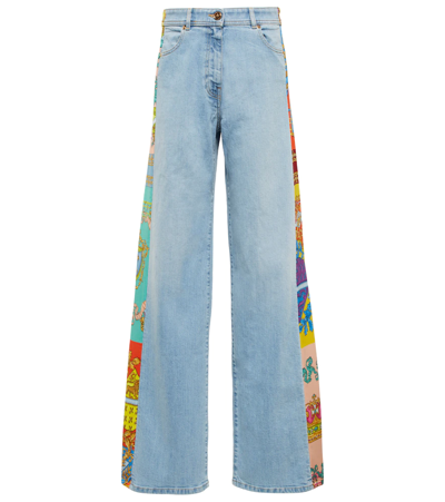 Shop Versace Royal Rebellion Wide-leg Jeans In Medium Blue+multicolor