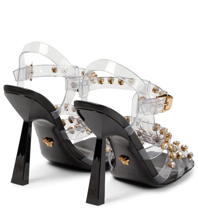 Shop Versace Medusa Embellished Cage Sandals In Transparente Oro