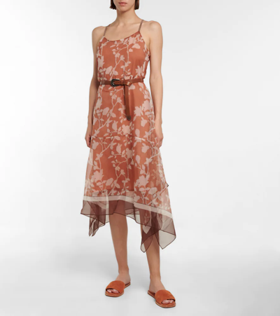 Shop Brunello Cucinelli Floral Silk Midi Dress In Arancio/panama