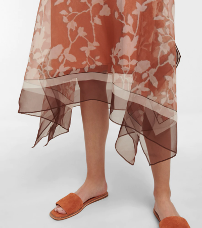Shop Brunello Cucinelli Floral Silk Midi Dress In Arancio/panama