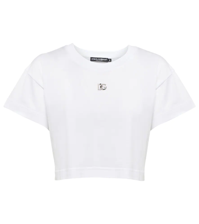 Shop Dolce & Gabbana Embellished Cotton Cropped T-shirt In Bianco Ottico