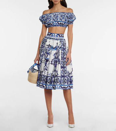 Shop Dolce & Gabbana Printed Cotton Midi Skirt In Tris Maioliche F.bco