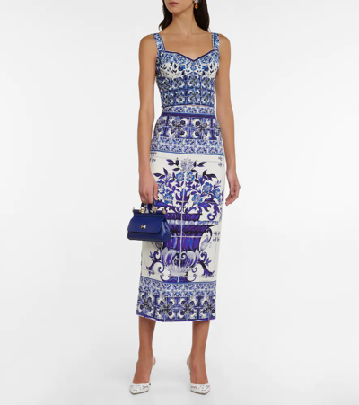 Shop Dolce & Gabbana Printed Silk-blend Midi Skirt In Tris Maioliche F.bco