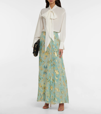 Shop Etro Floral Jacquard Silk Maxi Skirt In Azzurro