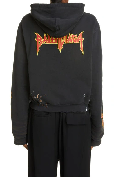 Shop Balenciaga Metal Distressed Cotton Logo Zip Hoodie In Washed Black W