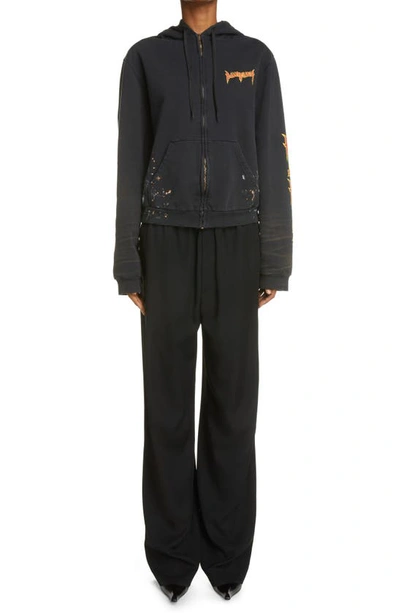 Shop Balenciaga Metal Distressed Cotton Logo Zip Hoodie In Washed Black W