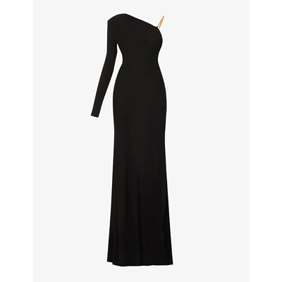 Shop Dundas Perrie Asymmetric Stretch-crepe Gown In Black