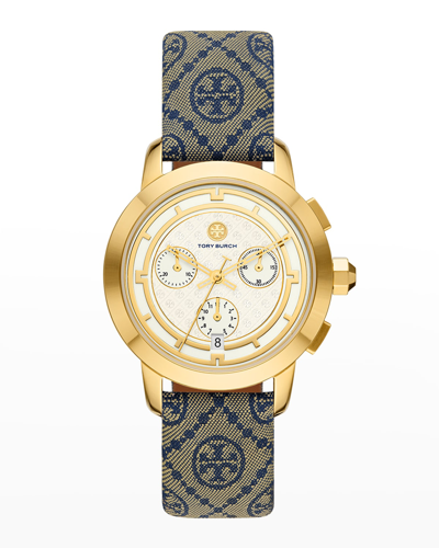 Shop Tory Burch The Tory Chronograph Watch With Blue Fabric And Luggage Leather Strap