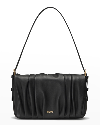 Shop Oryany Bell Flap Ruched Leather Shoulder Bag In Black